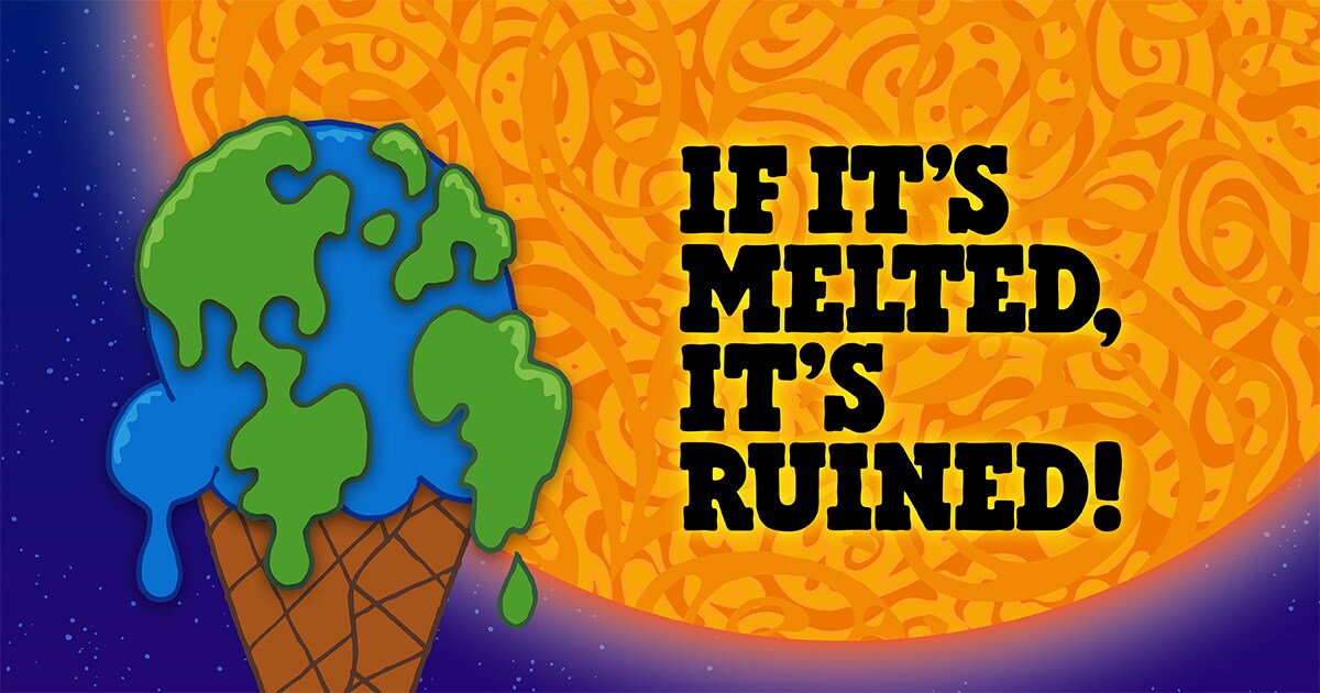 Ice cream cone with scoop of ice cream that looks like earth melting in front of the sun.